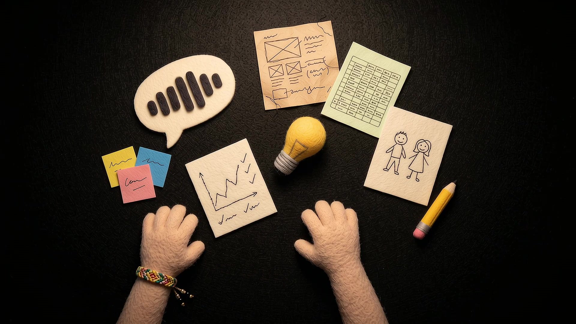 Felt hands beside a speech bubble, wireframe sketches, a data sheet and a light bulb
