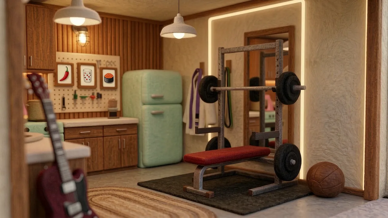 A felt home gym: a squat rack and red weight bench on a dark mat, a jiu jitsu gi hanging on the wall, and a leather medicine ball.